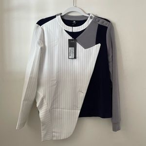LIE by Lee Chung Chung Layered Mismatched Navy, Grey and Pinstripe Sweater S